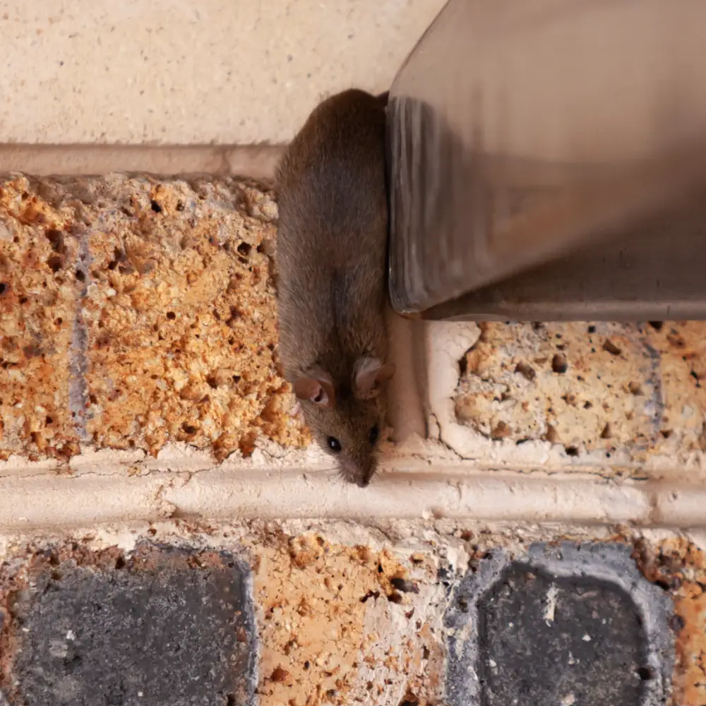 Mouse crawling along masonry wall