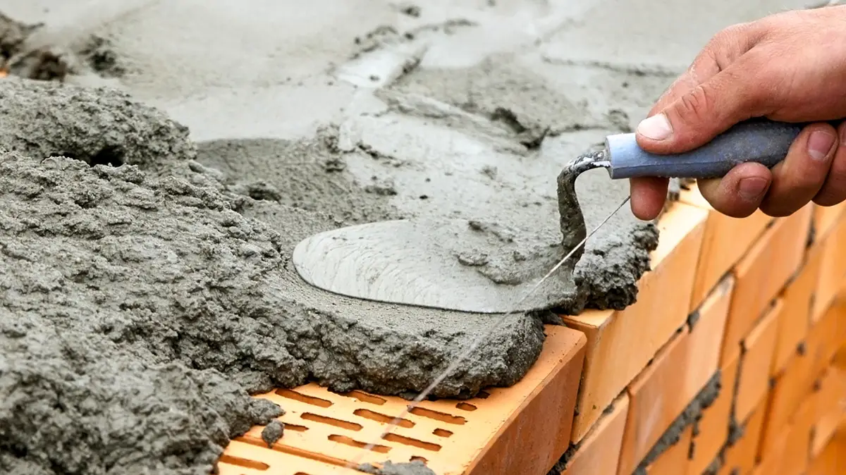 Trowel spreading mortar on top of masonry wall