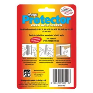 Rear packaging of Weepa Protector Screen weep hole cover
