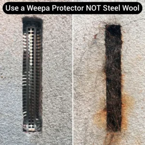 A comparison shot of a Weepa Protector installed in a wall vs a rusting piece of steel wool.